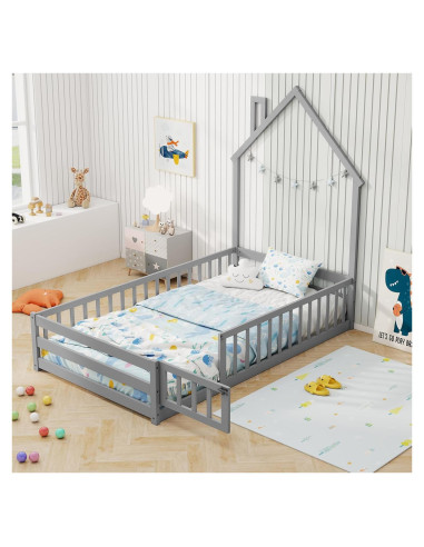Cama de Piso Twin Giantex Montessori Casa Madera Gris