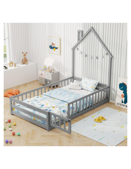Cama de Piso Twin Giantex Montessori Casa Madera Gris