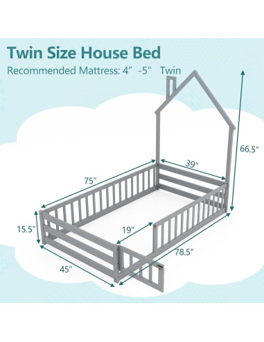 Cama de Piso Twin Giantex Montessori Casa Madera Gris
