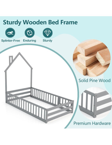 Cama de Piso Twin Giantex Montessori Casa Madera Gris