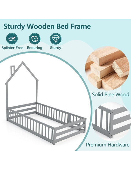Cama de Piso Twin Giantex Montessori Casa Madera Gris