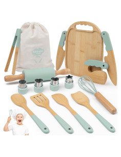 Juego de Cocina de Madera Montessori Biticolor 15 Piezas Verde