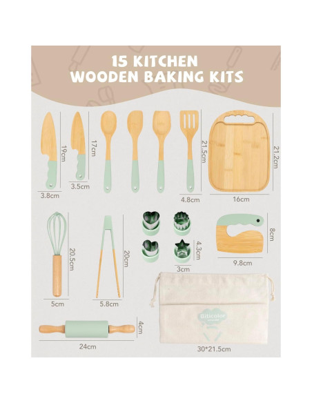 Juego de Cocina de Madera Montessori Biticolor 15 Piezas Verde
