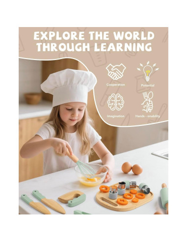 Juego de Cocina de Madera Montessori Biticolor 15 Piezas Verde