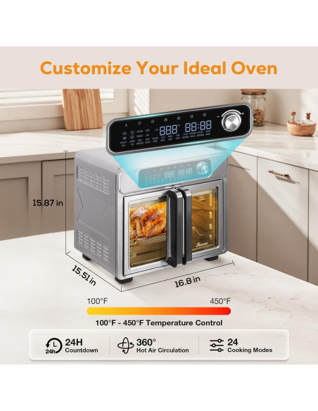 Horno Tostador de Aire Romswi 26QT con Puertas Francesas 24 Funciones
