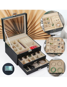 Caja de Joyería BOOVO Negra 3 Capas con Tapa Transparente 2