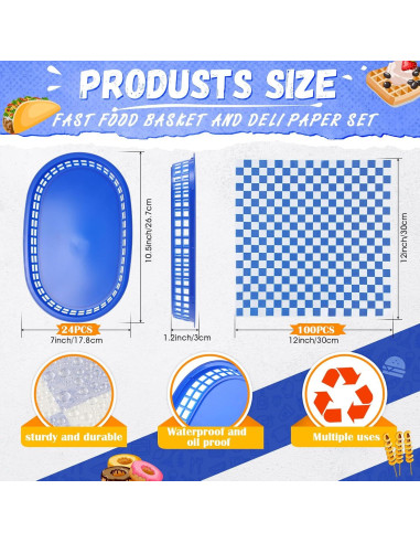 Cestas de Comida Rápida Uiifan 24 Pcs Azul con Forros Deli