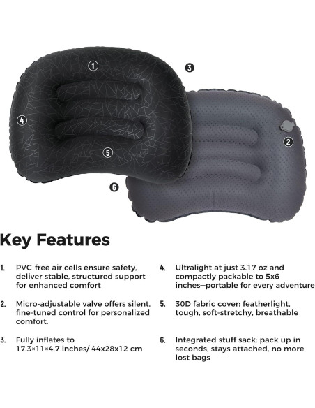 Almohada Inflable ATEPA Negra Ergonómica para Camping 0.09 kg