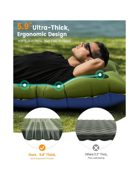 Colchoneta de Camping LLUAII Autoinflable 200x75x15cm Verde
