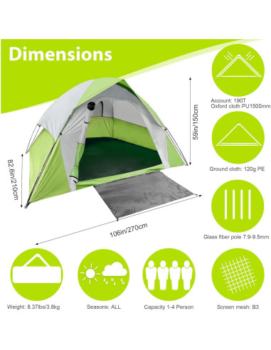 Carpa de Camping XL Doble Capa Impermeable 4 Personas Verde