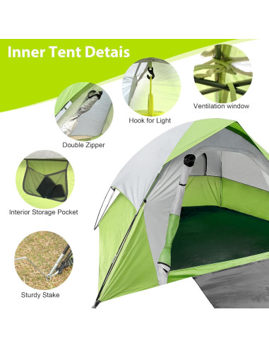Carpa de Camping XL Doble Capa Impermeable 4 Personas Verde