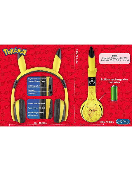 Auriculares Bluetooth eKids Pokemon PK-B50P, Volumen Reducido