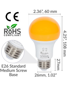 Bombilla LED Amarilla Simba Lighting 6W A19 E26 Paquete de 2 2