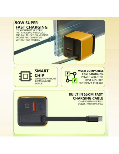 Cargador Tobre 3 en 1 GaN 80W con Cable Retráctil para iPhone 17