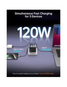 Cargador USB C NOVOO 120W Rápido GaN 3 Puertos para MacBook 2