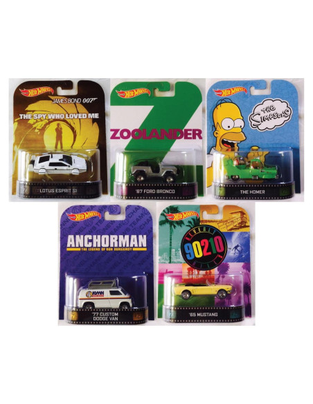 Conjunto de 5 coches Hot Wheels Retro - Zoolander, Anchorman, Simpsons, 90210, Bond