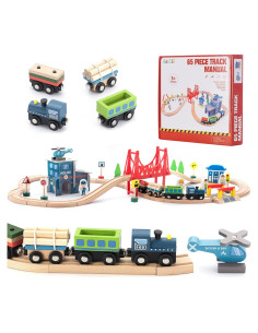 Juego de tren de madera 65PCS BetDEF con vías y accesorios