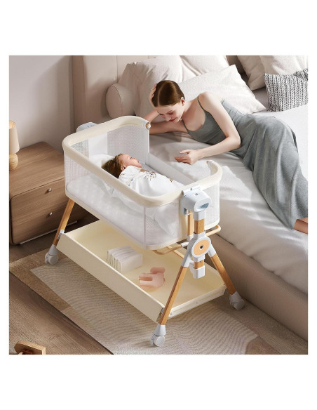 Cuna Lateral 3 en 1 Kingobabys Beige con Colchón Ajustable