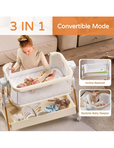 Cuna Lateral 3 en 1 Kingobabys Beige con Colchón Ajustable