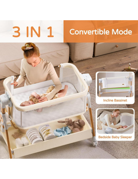 Cuna Lateral 3 en 1 Kingobabys Beige con Colchón Ajustable