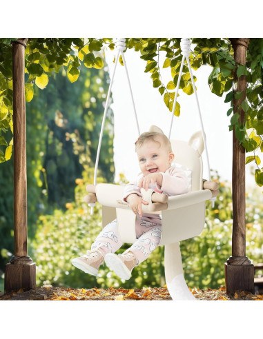 Columpio de Bebé de Madera Beige con Cinturón de Seguridad