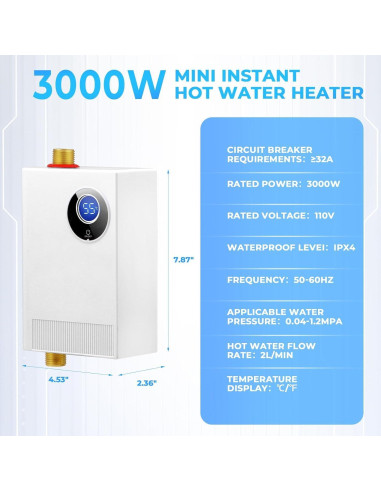 Calentador de Agua Instantáneo Eléctrico DOYXC 3000W 110V Bajo Fregadero