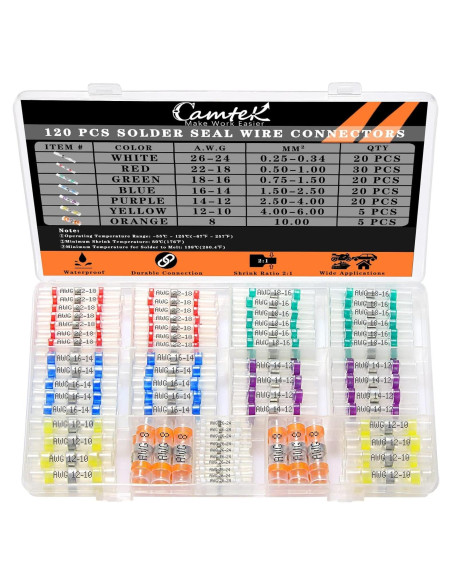 120 Conectores de Cable Termoretráctiles Camtek 26-8 AWG