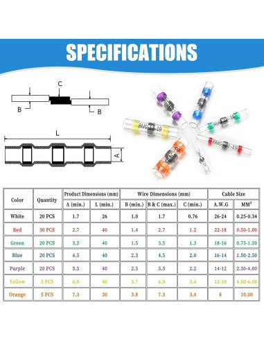 120 Conectores de Cable Termoretráctiles Camtek 26-8 AWG