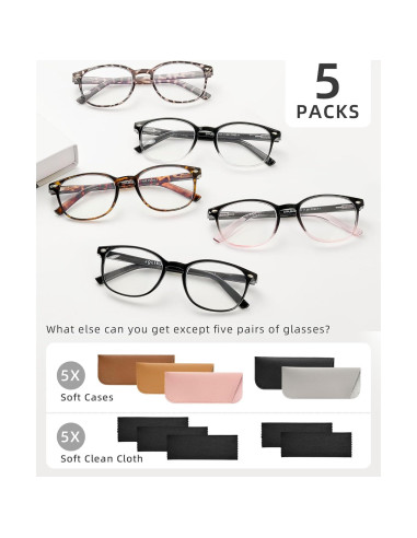 Paquete de 5 Gafas de Lectura JOLISU Anti Luz Azul 1.75x