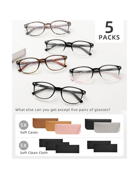 Paquete de 5 Gafas de Lectura JOLISU Anti Luz Azul 1.75x