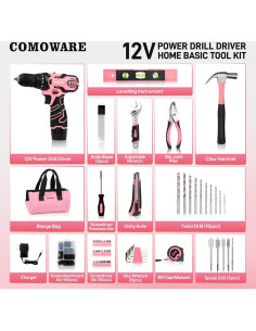 Kit de Herramientas Inalámbricas Rosa COMOWARE 12V con Taladro 2