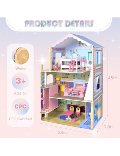 Casa de Muñecas de Madera HappyField 3 Pisos 71x30x114 cm 2