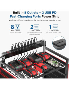 Carro Organizador de Herramientas Eléctricas JUNNUJ con 8 Salidas y Carga USB 2