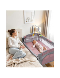 Cuna 5 en 1 Soobaby Rosa Gris - Cuna Lateral y Parque Infantil