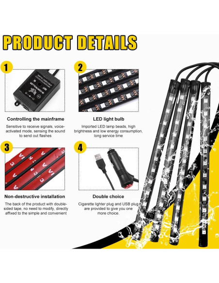 Luces LED de Interior para Auto Povtii, 4 Tiras Multicolor a Prueba de Agua