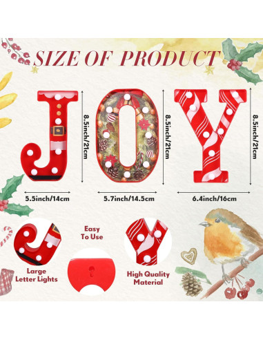 Letras LED Alegría Honoson 3 Pcs Decoración Navidad 21 cm
