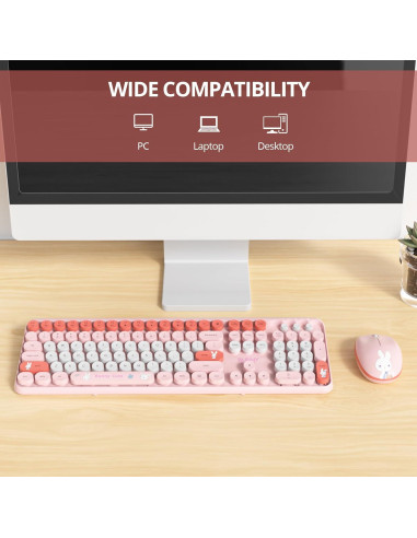 Teclado y Ratón Inalámbricos CJXSP Rosa Retro 2.4GHz 104 Teclas