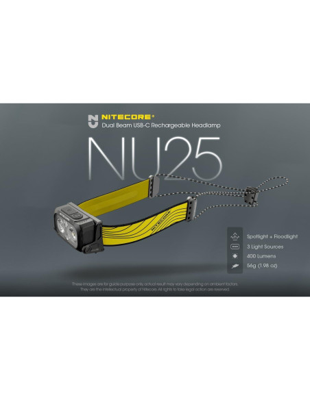 Lámpara Frontal Recargable Nitecore NU25 400 USB-C 600 Lúmenes