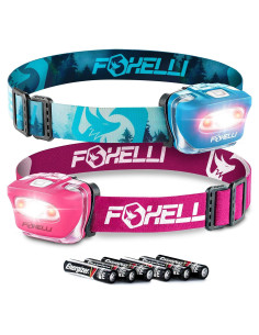Paquete de 2 Linternas Frontales LED Foxelli - Rosa y Bosque, Impermeables