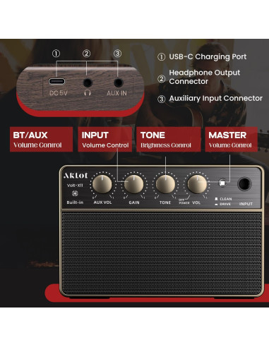 Amplificador de guitarra AKLOT Volt-XII 10W portátil recargable