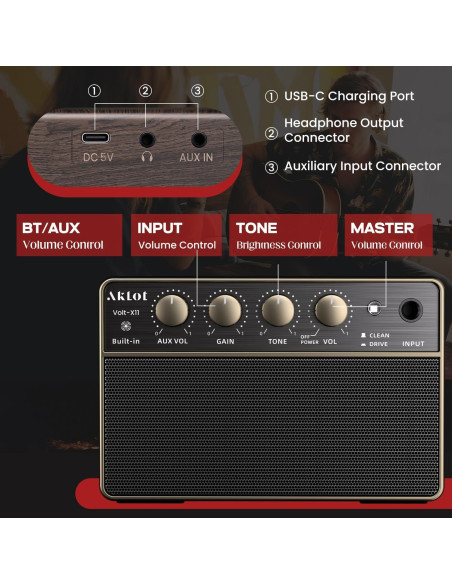 Amplificador de guitarra AKLOT Volt-XII 10W portátil recargable