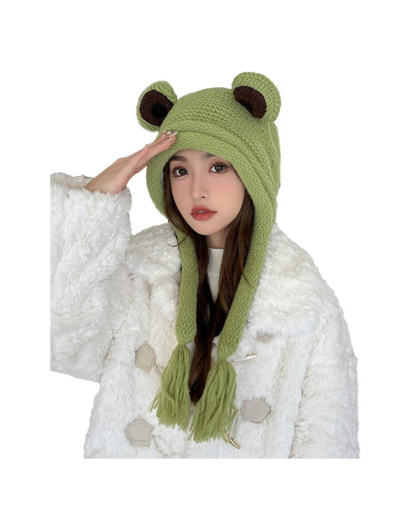 Gorro de Rana Adulto Tejido a Mano Verde con Ojos Grandes Gorro de Rana Adulto Tejido a Mano Verde con Ojos Grandes
