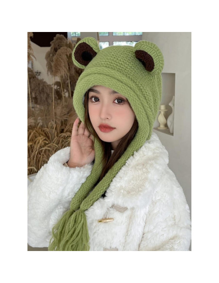 Gorro de Rana Adulto Tejido a Mano Verde con Ojos Grandes Gorro de Rana Adulto Tejido a Mano Verde con Ojos Grandes