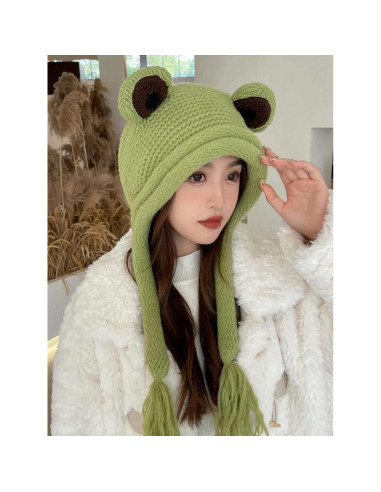Gorro de Rana Adulto Tejido a Mano Verde con Ojos Grandes