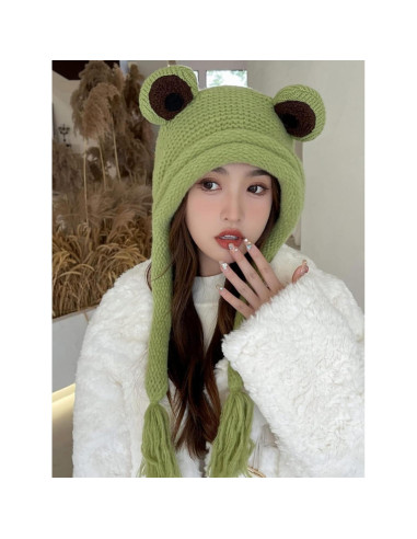 Gorro de Rana Adulto Tejido a Mano Verde con Ojos Grandes