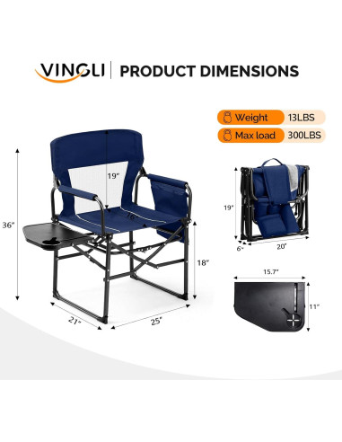 Silla de Camping Plegable VINGLI con Mesa Lateral Azul