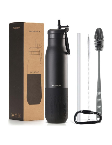 Botella de Agua Aislada SOUMAA 0.74L Negra con Pajilla