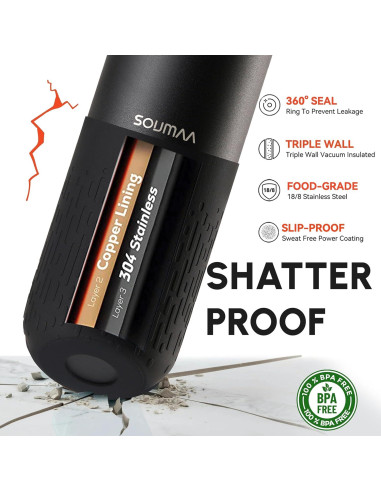 Botella de Agua Aislada SOUMAA 0.74L Negra con Pajilla