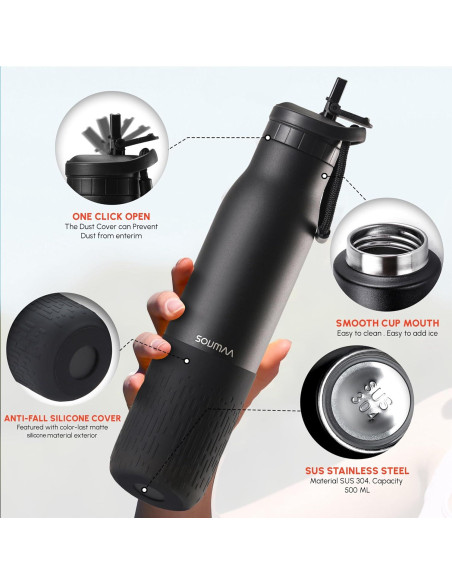 Botella de Agua Aislada SOUMAA 0.74L Negra con Pajilla