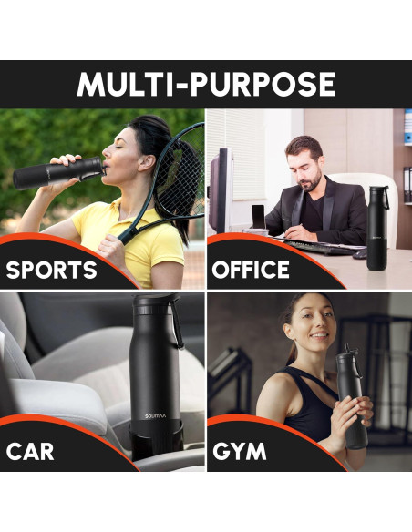 Botella de Agua Aislada SOUMAA 0.74L Negra con Pajilla